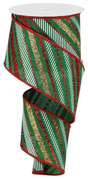 2.5-inch wide Christmas ribbon with diagonal stripes of green, red glitter, and gold glitter.
