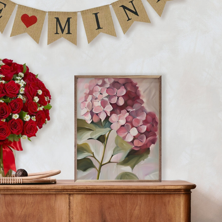 Hand-painted pink hydrangea floral art print on American hardwood with natural walnut frame.
