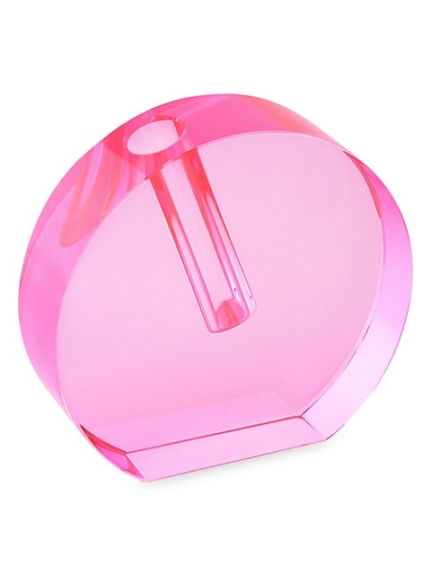 Large pink crystal flat round vase with a smooth dry finish