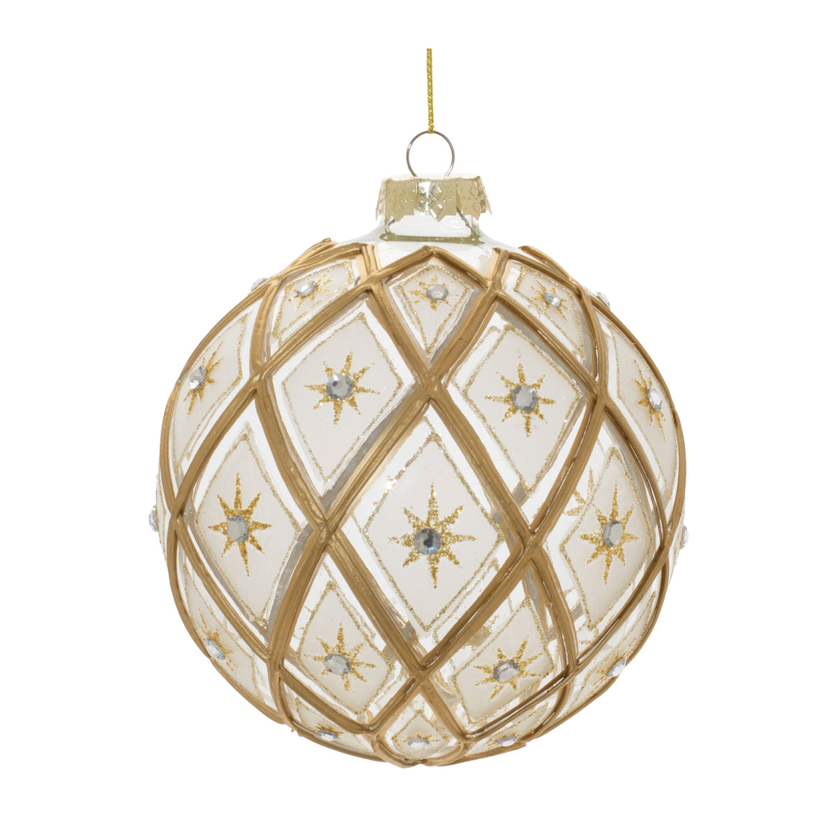 5-inch clear glass ball ornament with gold lattice design and glittery star accents.