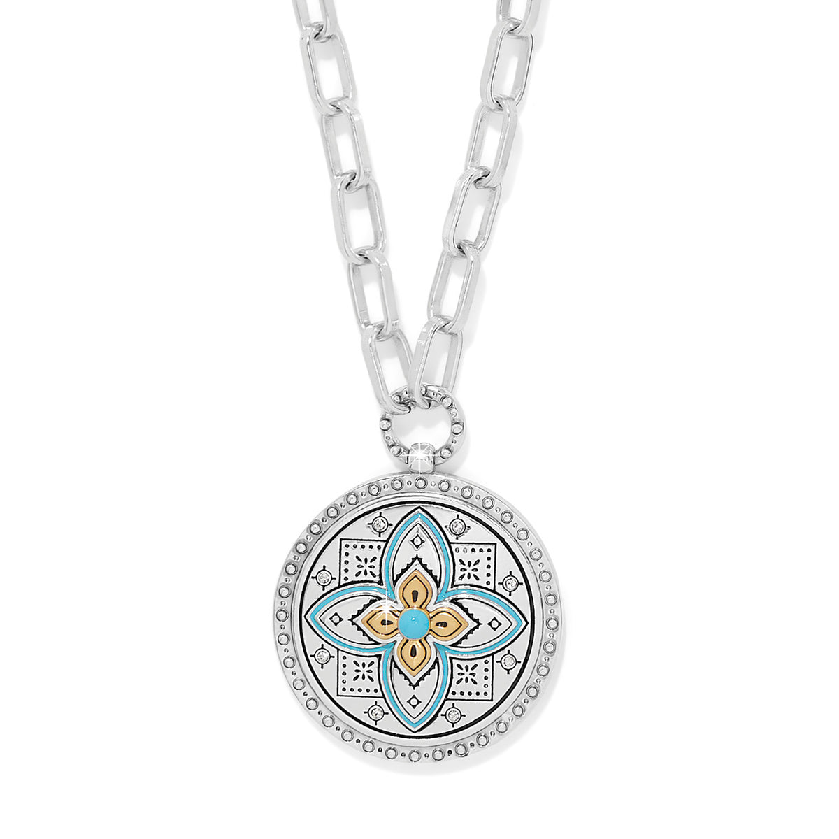 Silver-blue two-tone mosaic enamel necklace with fine crystals on an adjustable chain.