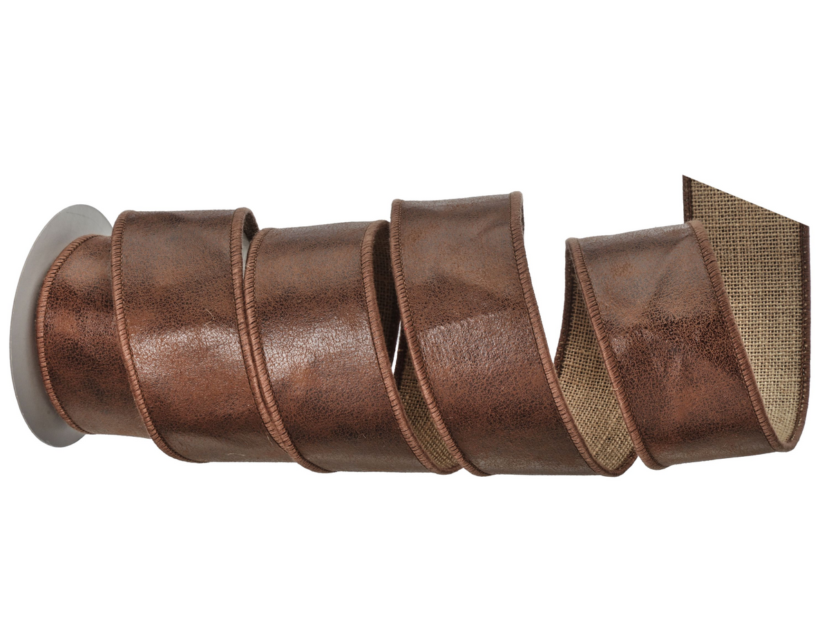 2.5 inch by 5 yard faux leather jute ribbon in brown with a natural burlap backing.