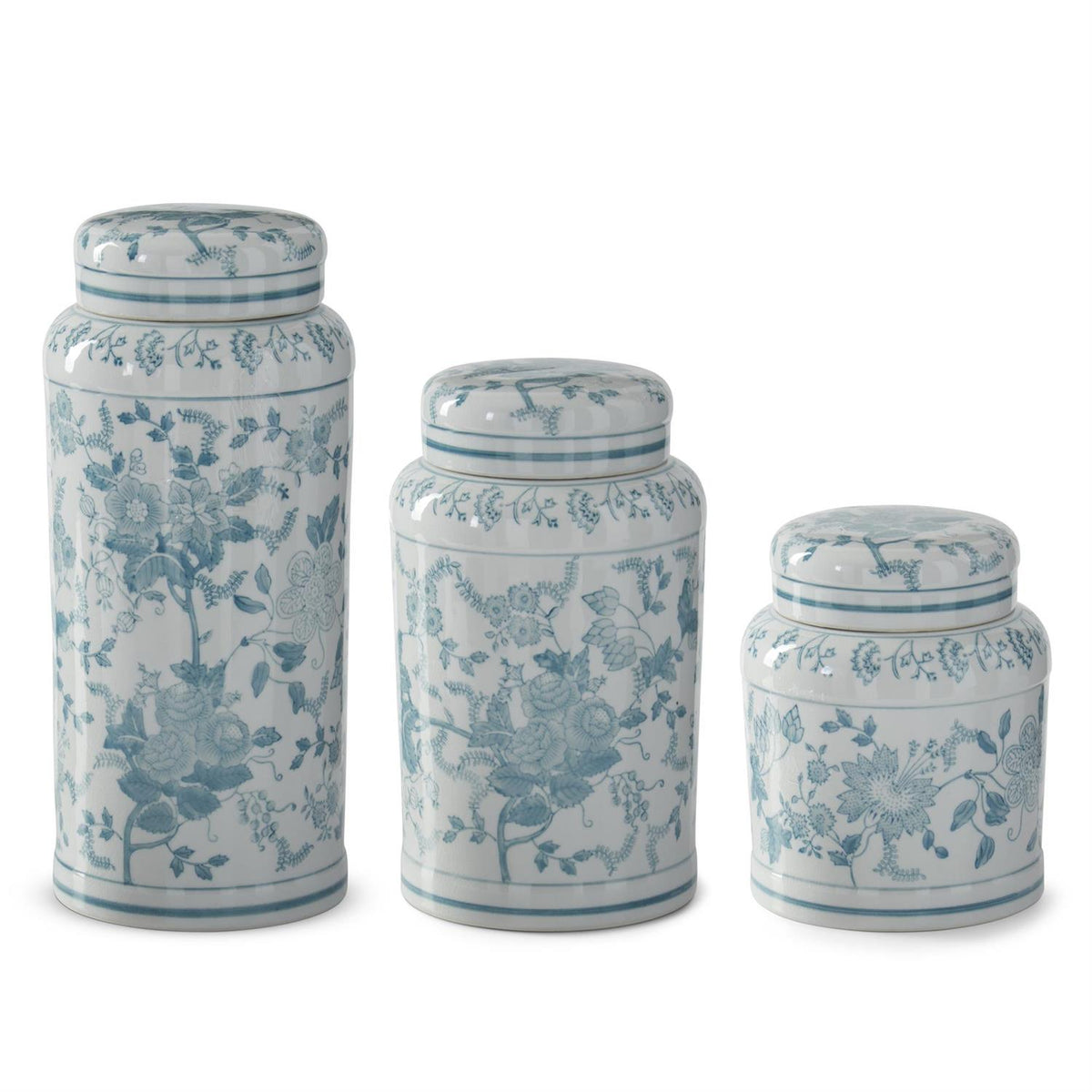 Teal porcelain lidded jar with white chinoiserie floral pattern on a rounded silhouette.