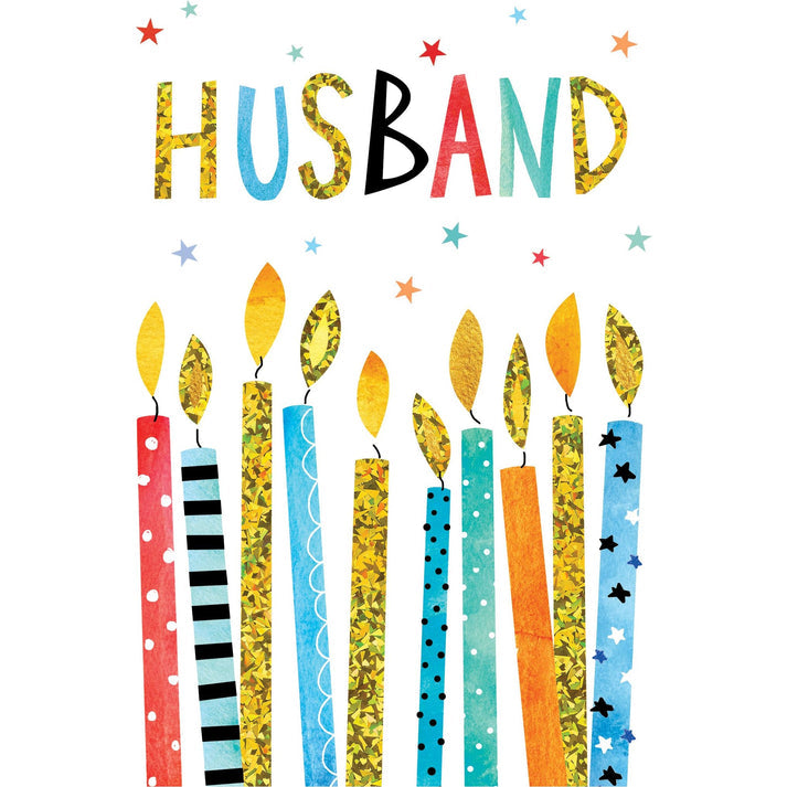 Birthday card with glitter foil embossing; outside reads Birthday Husband Card, inside says You make all my wishes come true.