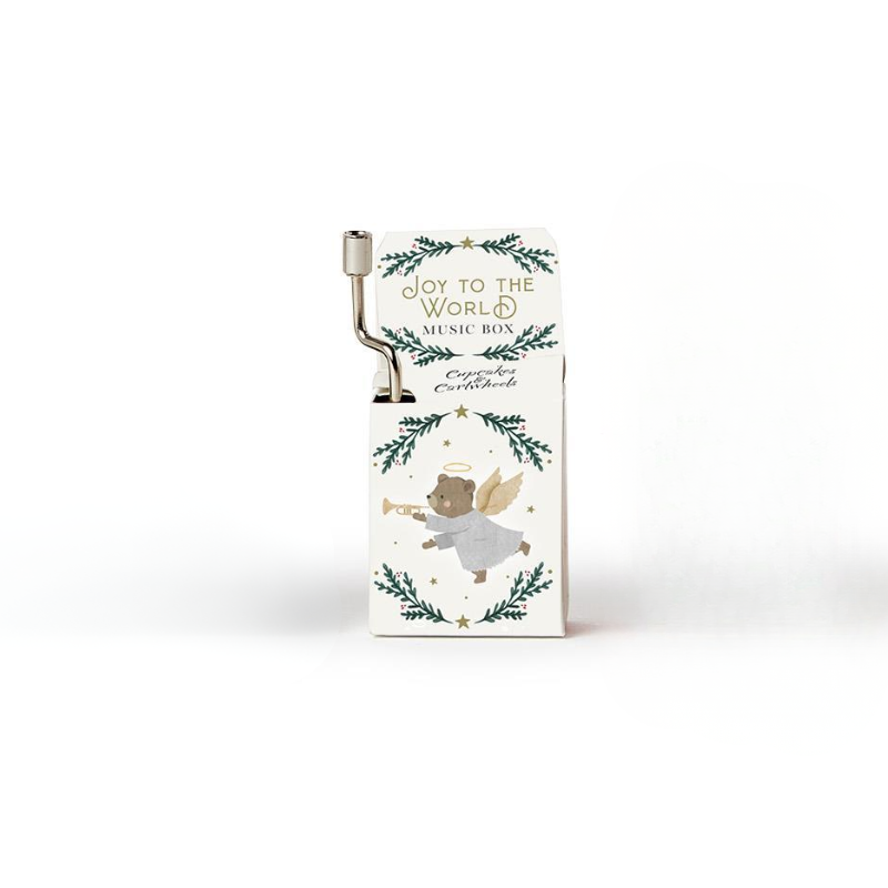 Joy to the World Christmas Music Box with a hand crank and bear angel illustration.