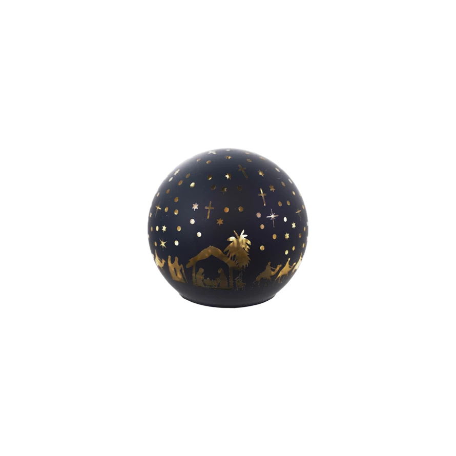 Glass nativity scene ball with LED light featuring laser-etched figures