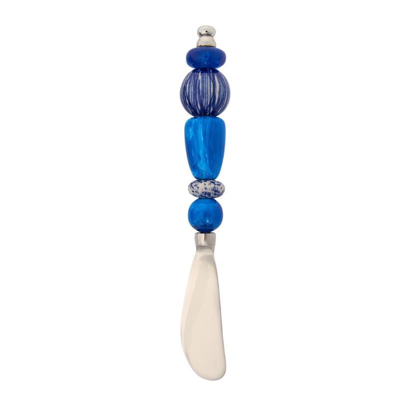 Blue spreader with a stainless steel blade and a decorative handle of blue resin and ceramic beads.