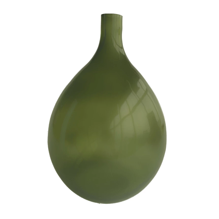 Round green glass bottle vase with a narrow neck, 12 inches high.