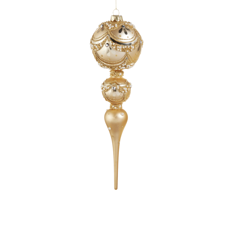 11-inch gold glass finial ornament with pearl trim and beaded details.