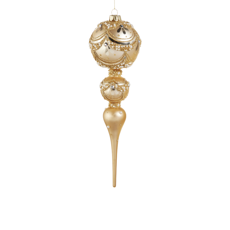 11-inch gold glass finial ornament with pearl trim and beaded details.