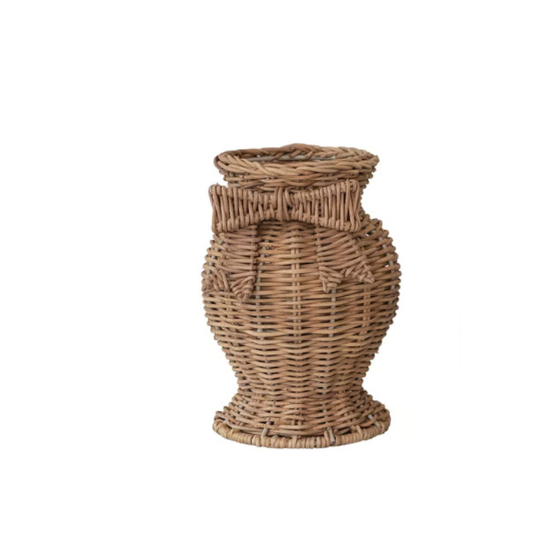 Hand-woven rattan vase with a decorative woven bow and a flared base.