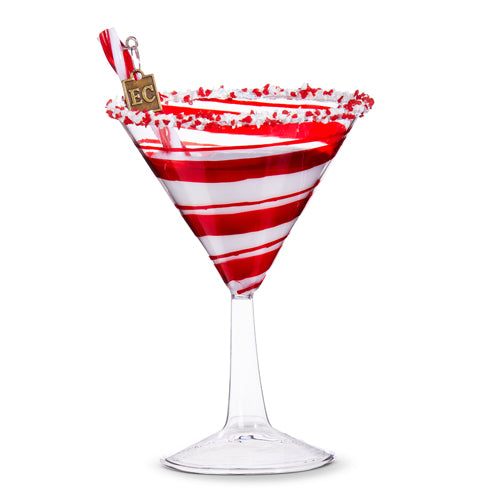 6-inch glass peppermint Christmas cocktail ornament with red and white stripes and a sugared rim.