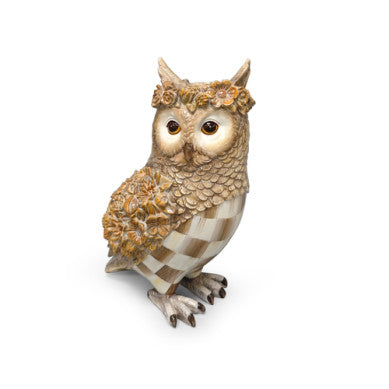 Mocha check owl plush toy with a soft fabric body featuring black grid patterns.