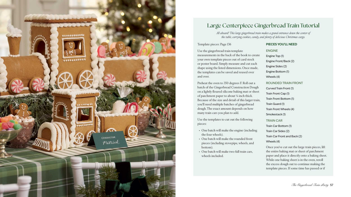 A cookbook page showing a large gingerbread train centerpiece and assembly instructions.