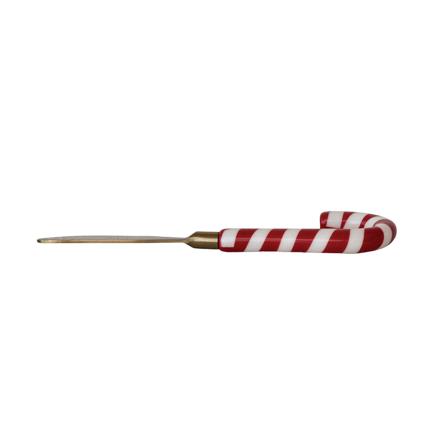 Stainless steel spreader with a red and white striped resin candy cane shaped handle.
