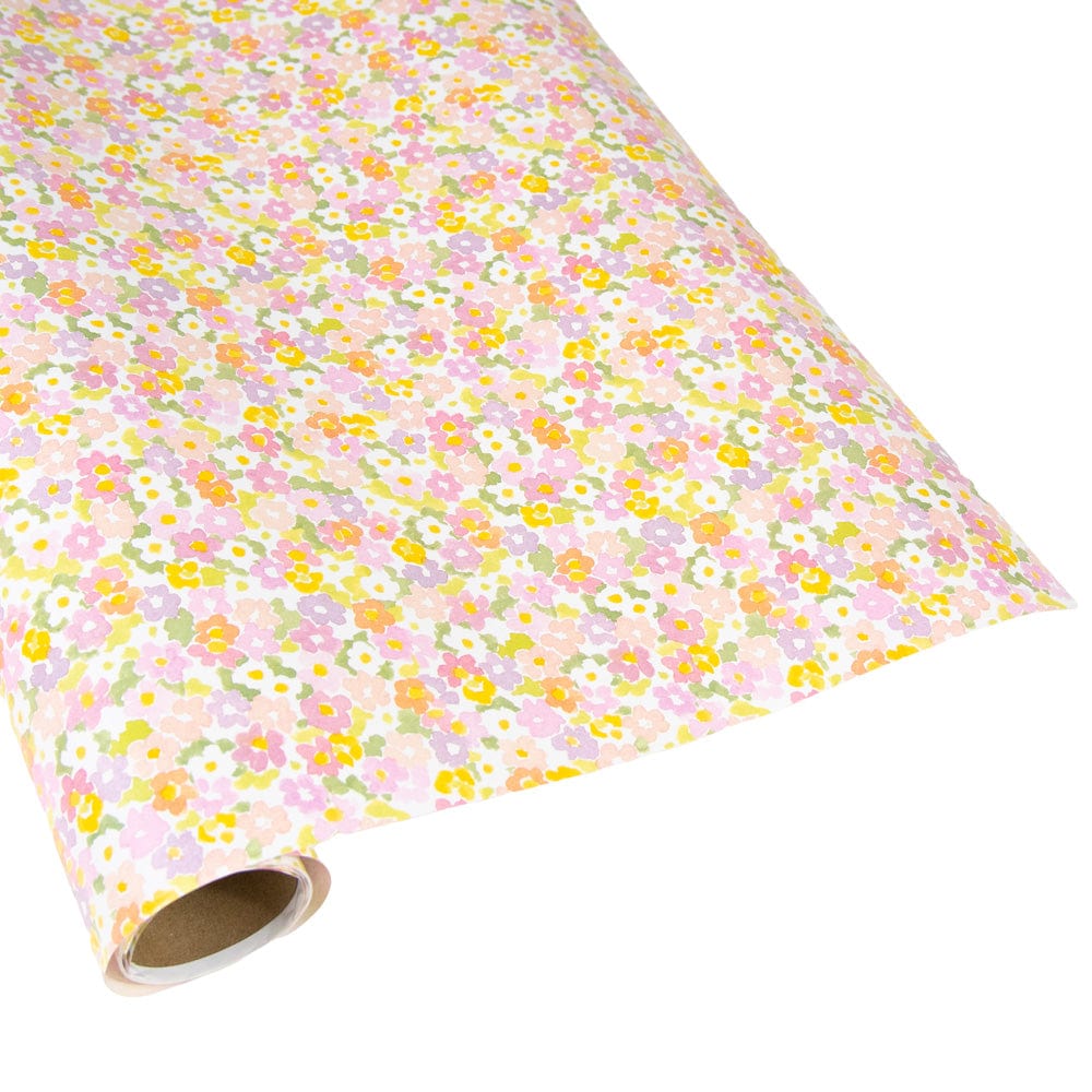 30-inch roll of gift wrap featuring a colorful pastel floral pattern with pink and yellow flowers.