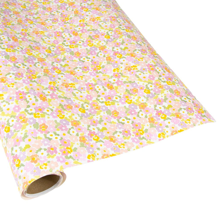 30-inch roll of gift wrap featuring a colorful pastel floral pattern with pink and yellow flowers.