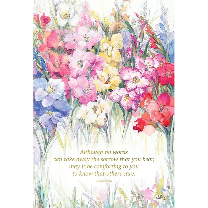 White sympathy lilies with foil refinements inside a card featuring heartfelt condolence text.