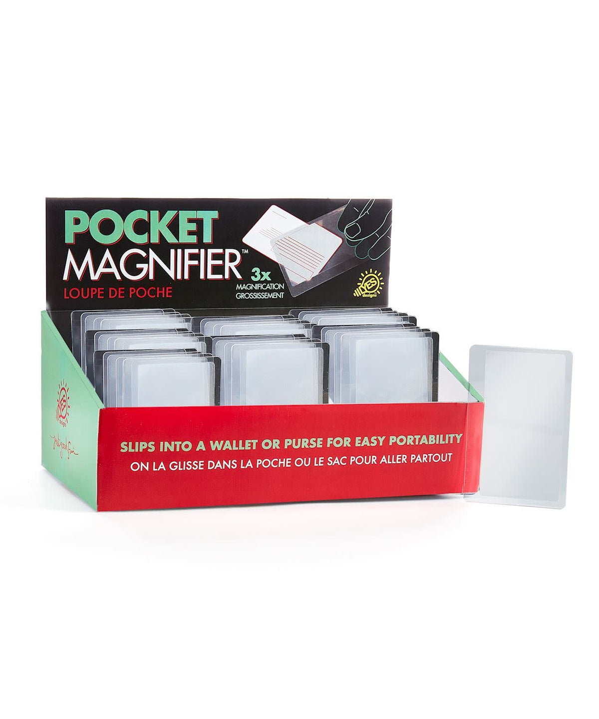 Card-shaped pocket magnifier with a clear lens designed to fit in wallet slots.