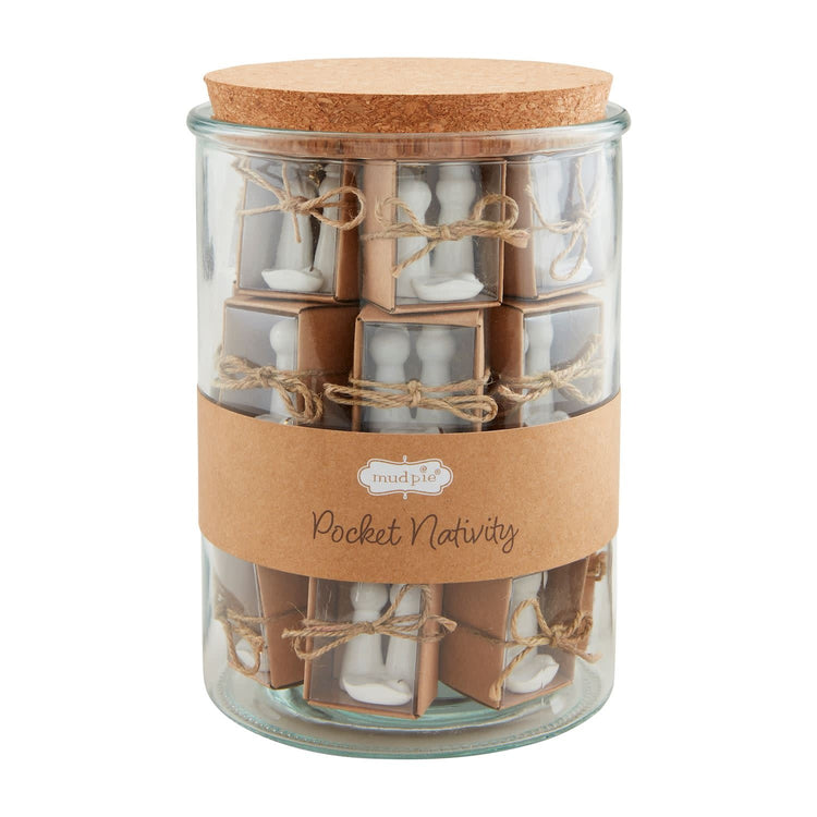 Hand-painted dolomite ceramic Nativity figurines in a compact pocket-sized gift box.