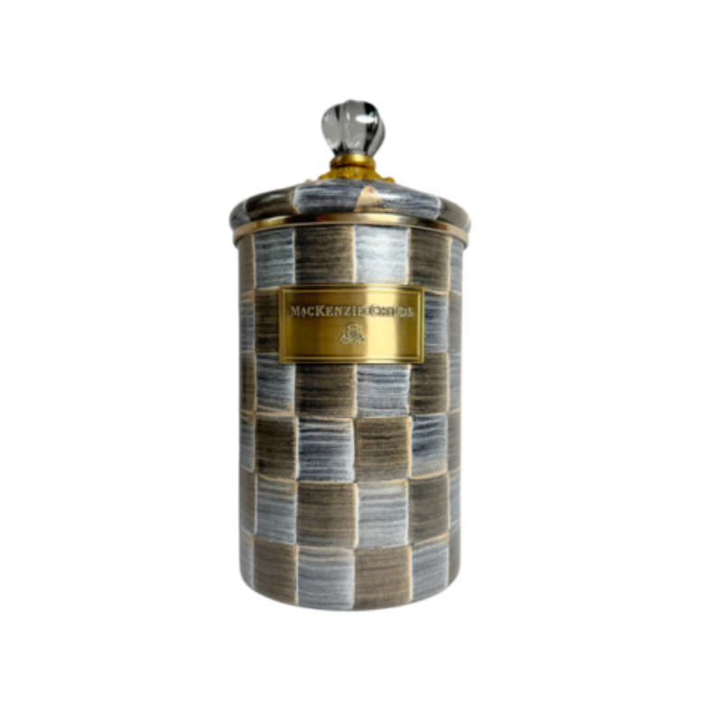 Large canister with hand-painted grey and white checks, a brass logo plate, and a glass lid knob.