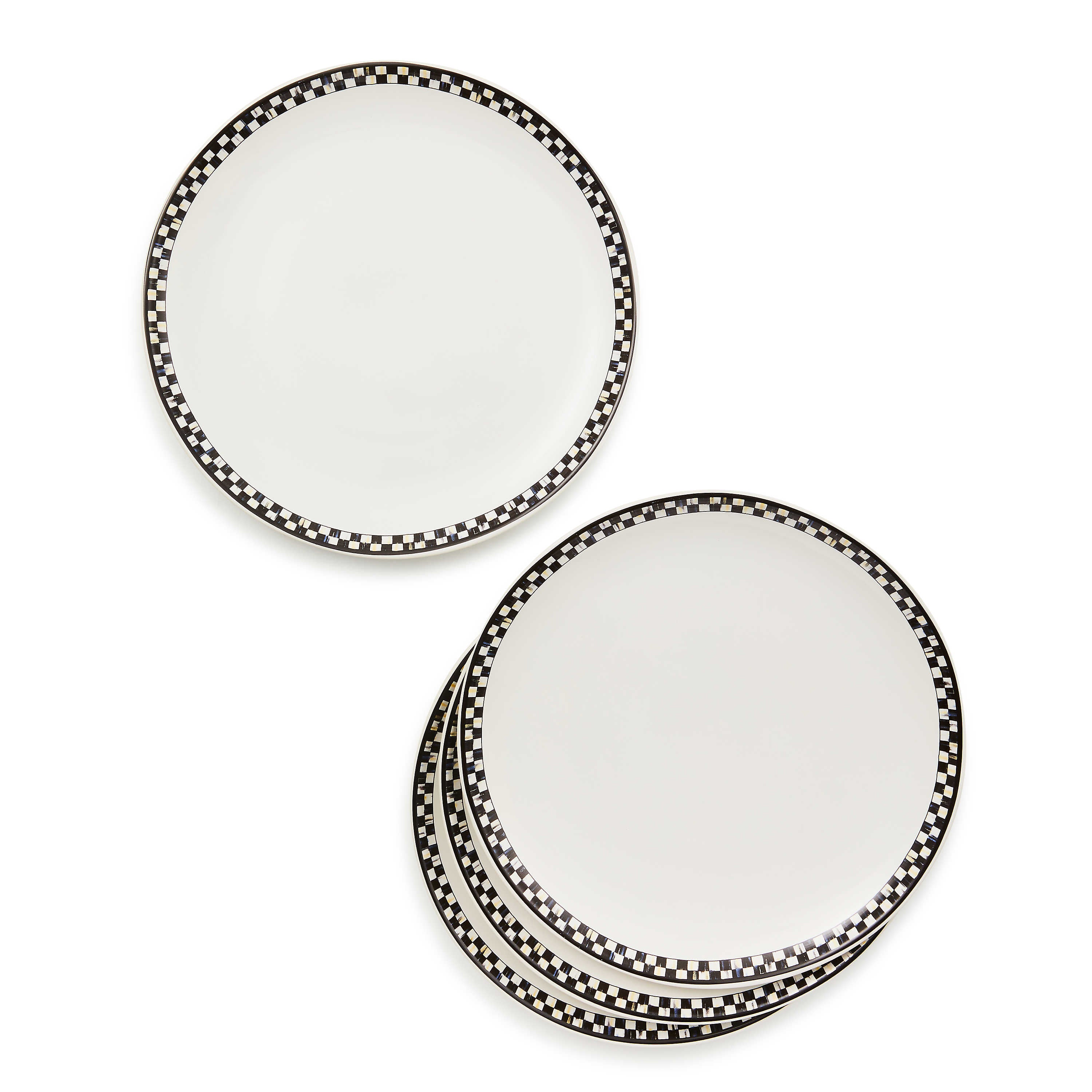Set of white stoneware dinner plates with a black and white checkered rim pattern.
