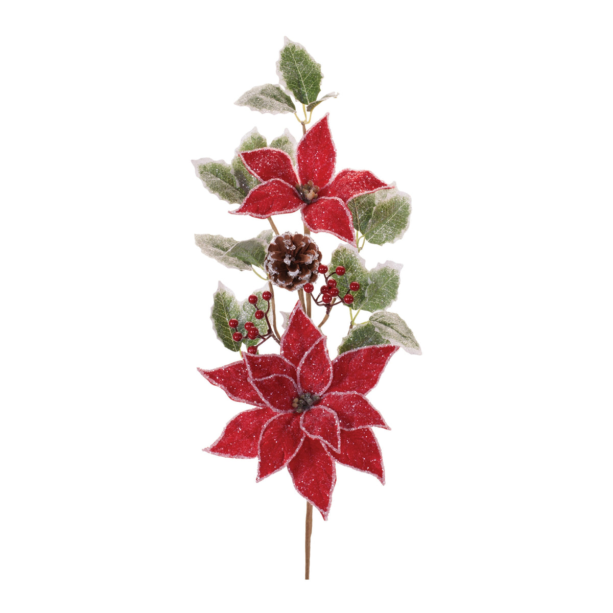 Polyester holiday spray with two frosted poinsettia blossoms, a pinecone, and holly leaves.
