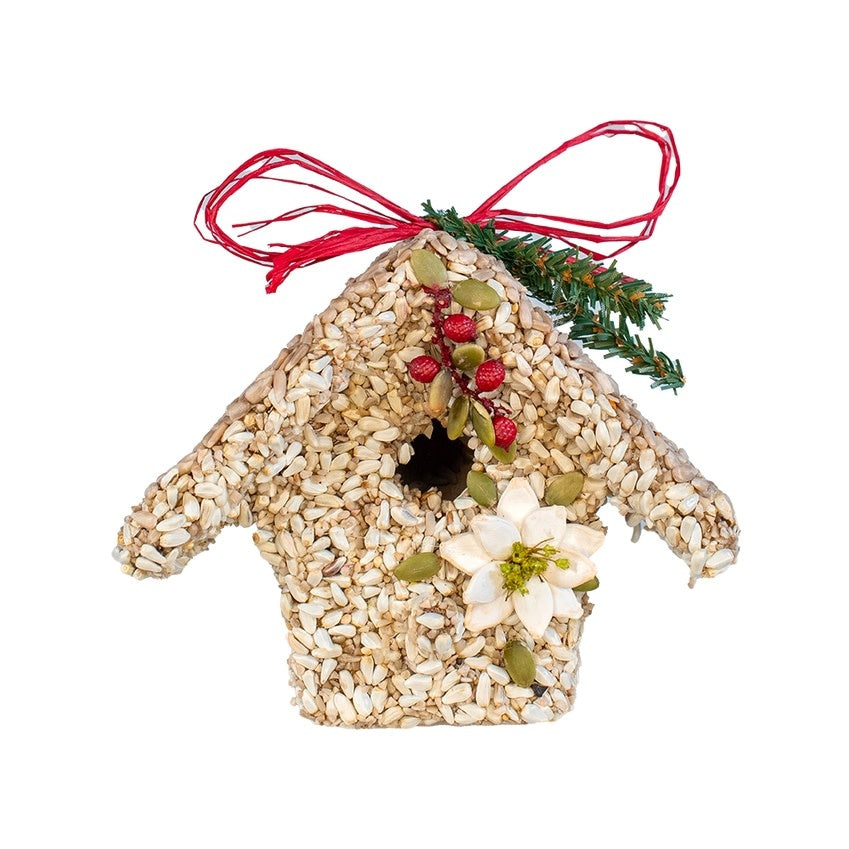 White ceramic cottage planter with poinsettia floral motif