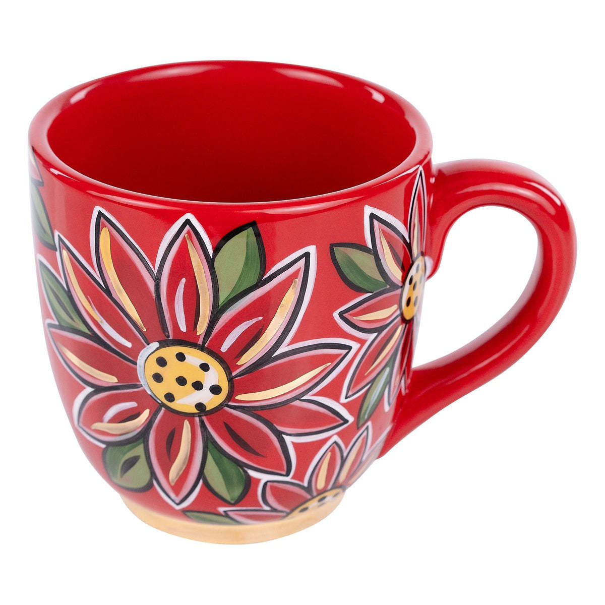 White ceramic mug featuring a red poinsettia flower with green leaves on the exterior.