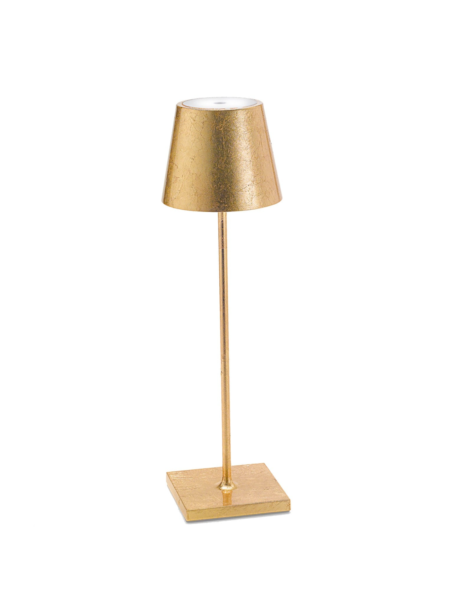 Gold powder-coated Poldina Pro cordless table lamp with square die-cast aluminum base and translucent top.