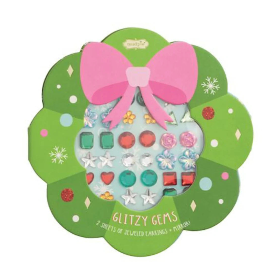 Christmas Glitzy Gems sticker earrings set in a green wreath-shaped card with a pink bow.