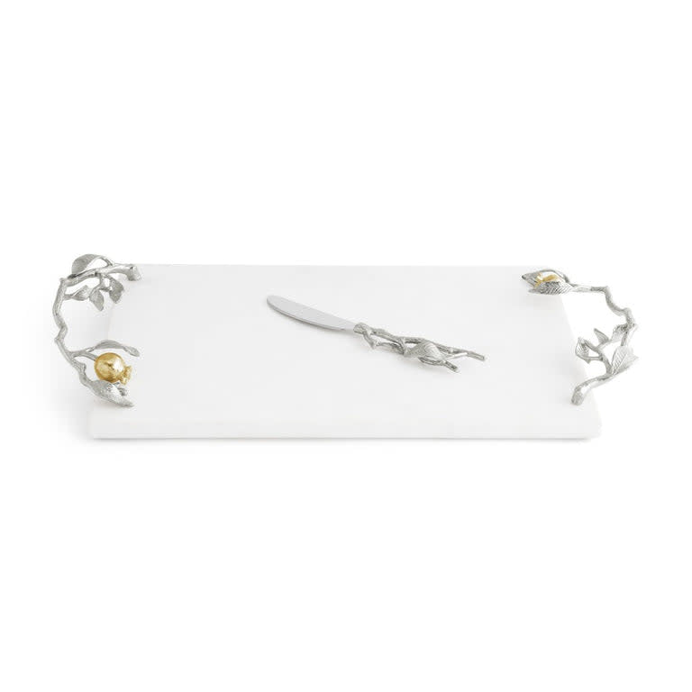 Marble cheese board with pomegranate motif featuring silver nickelplate rim, gold accents, and stainless steel spreader.