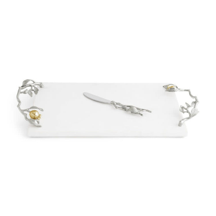 Marble cheese board with pomegranate motif featuring silver nickelplate rim, gold accents, and stainless steel spreader.
