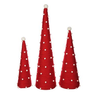 Red pompon cone topiary made of wool and plastic with white accents.