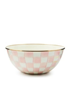 Hand-painted pink and white checkered bowl with a bronzed stainless steel rim.