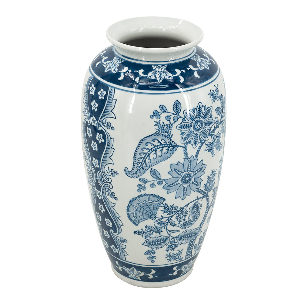 White porcelain flower vase with antique-inspired sprawling blue floral patterns on a classic silhouette.