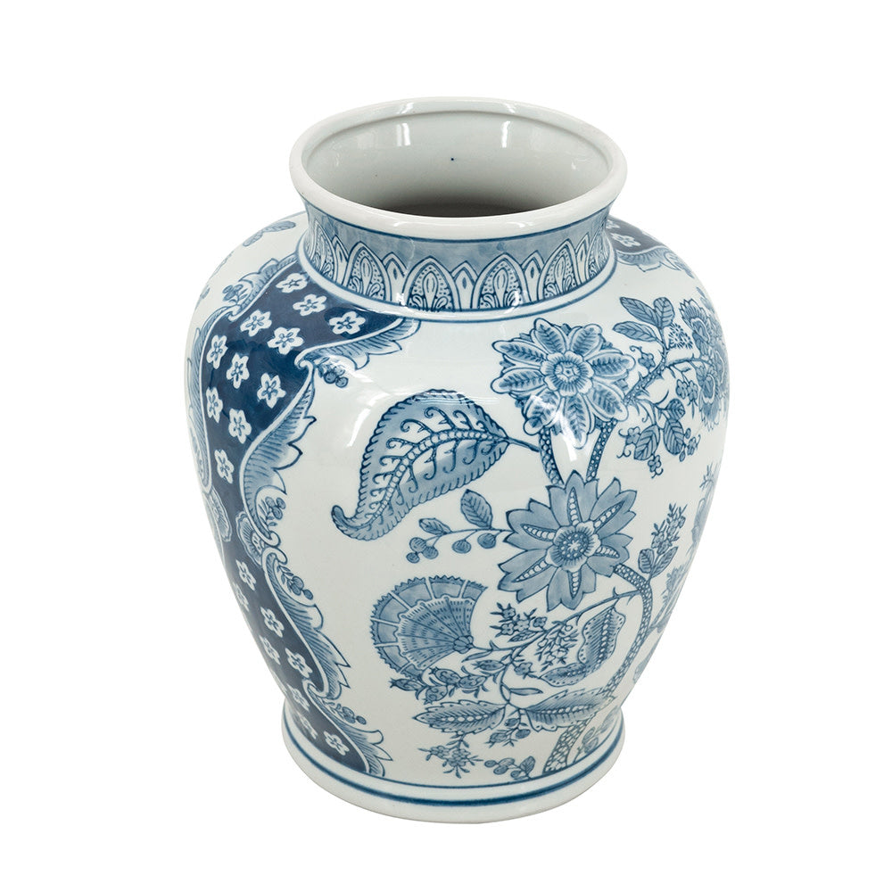 White porcelain vase with antique-inspired sprawling blue floral patterns on a classic smooth silhouette.