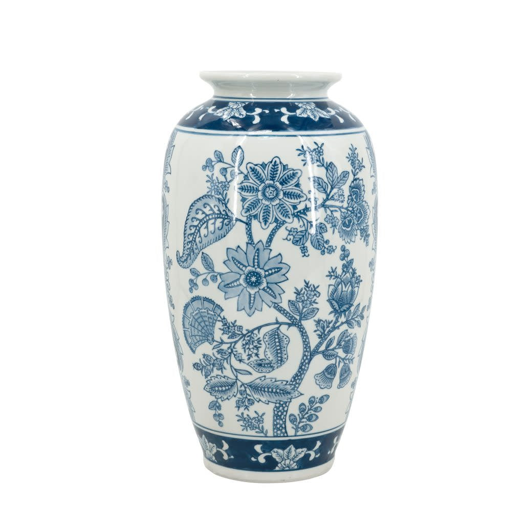 White porcelain vase with antique-inspired sprawling blue floral patterns on a classic smooth silhouette.