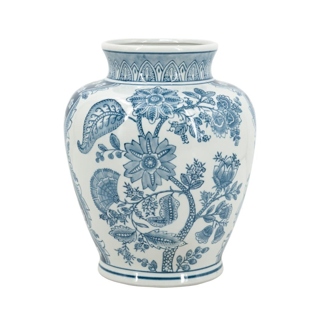White porcelain flower vase with antique-inspired blue floral patterns on a classic smooth silhouette.