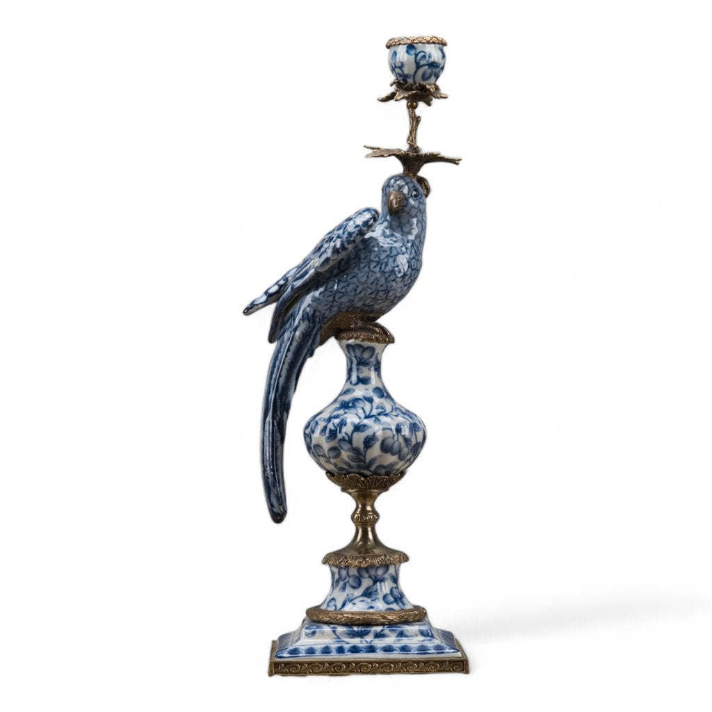 Blue porcelain parrot candle holder with ornate bronze ormolu accents