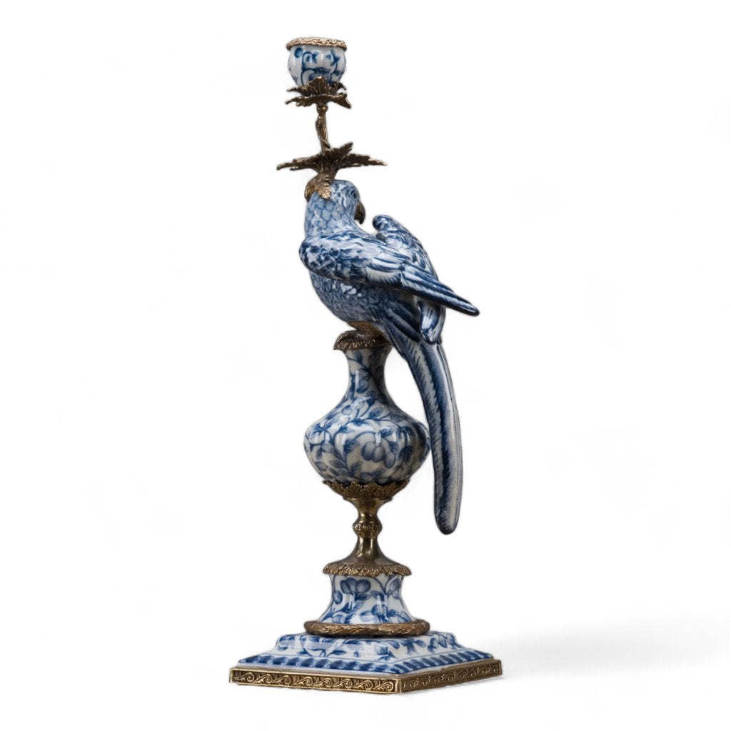 Blue porcelain parrot candle holder with ornate bronze ormolu accents