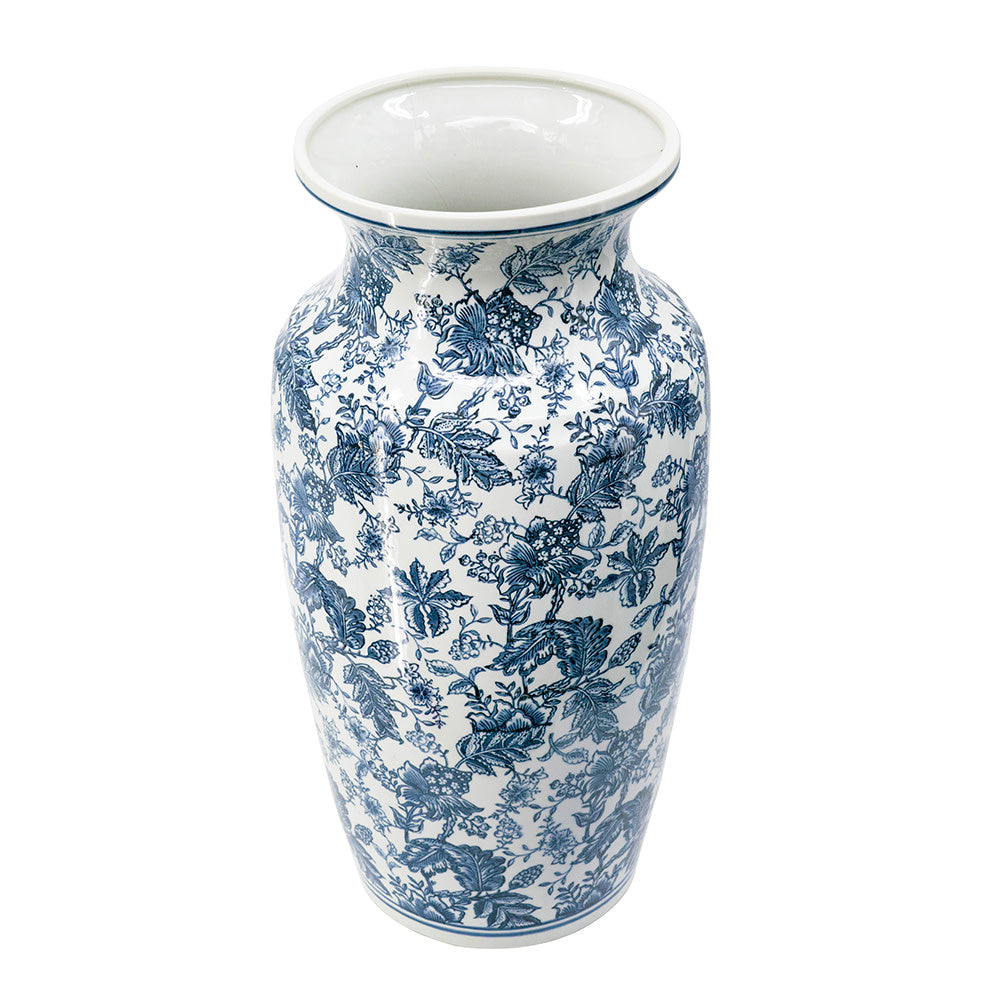 White porcelain urn vase with blue chinoiserie pattern on tapered neck