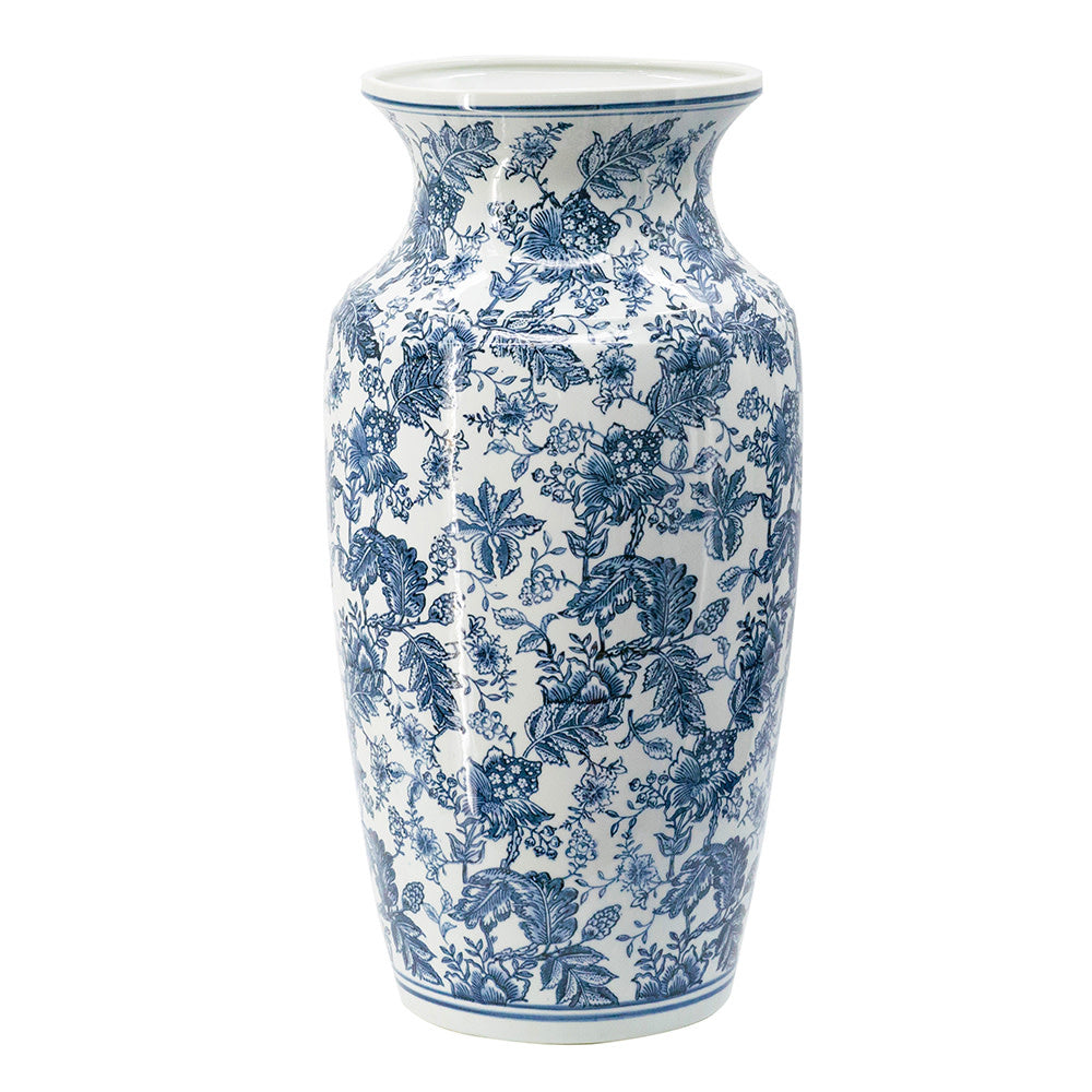 White porcelain urn-shaped vase with blue chinoiserie pattern on tapered neck