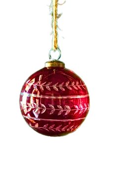 Red glass 4-inch Christmas ball ornament with etched leaf patterns hanging from a gold string.