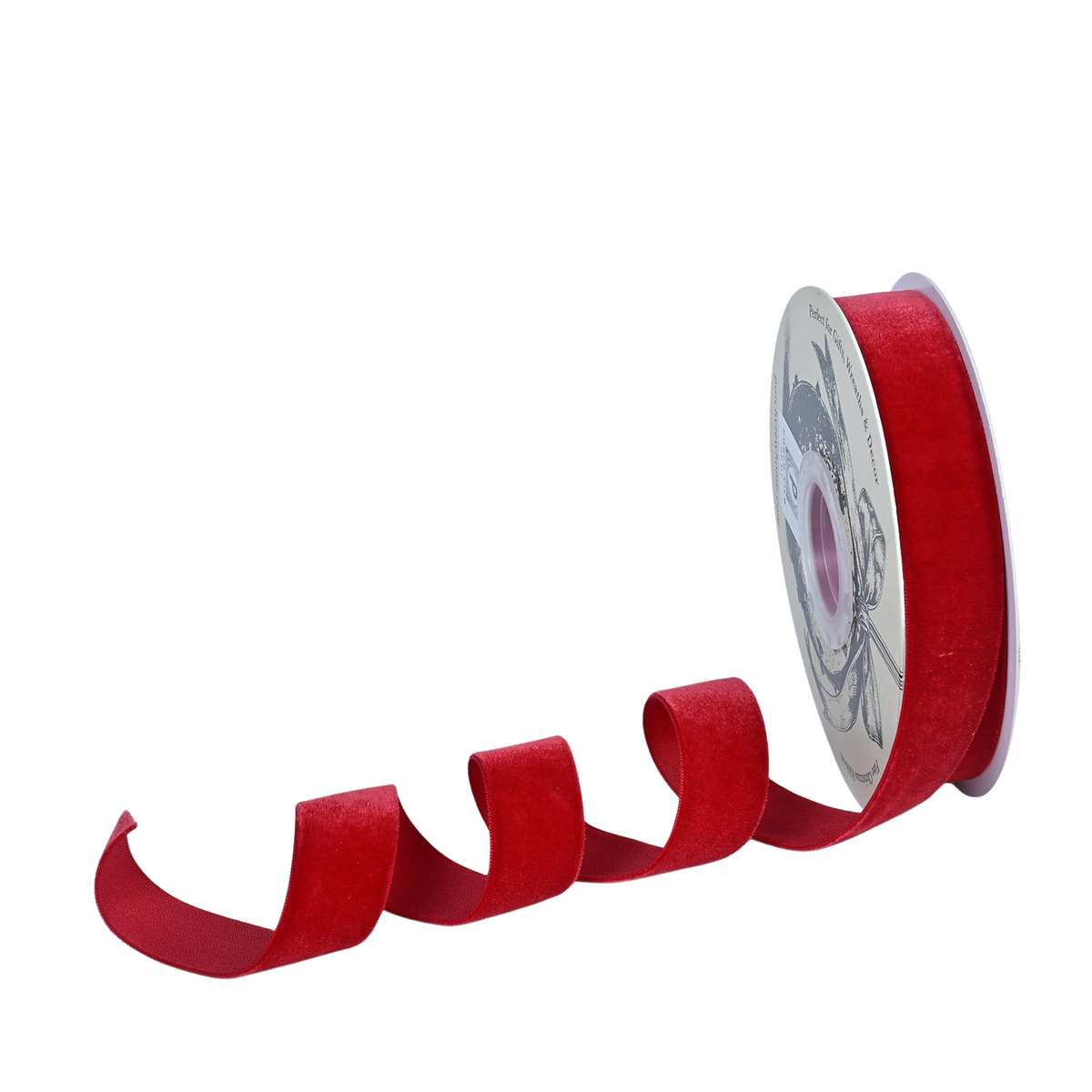 Spool of 1 inch brick red velvet finishing ribbon with a curled section extending outward.