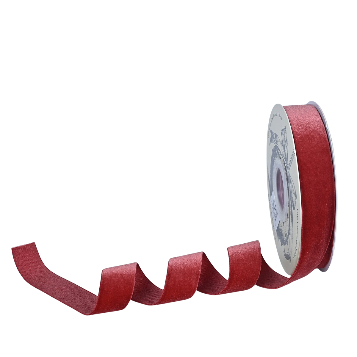 Nutmeg velvet finishing ribbon, 1 inch wide, unspooled in a spiral on a white background.