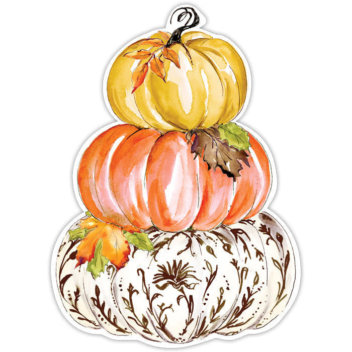 Die-cut paper placemat shaped like a stack of three decorative pumpkins in autumn colors.