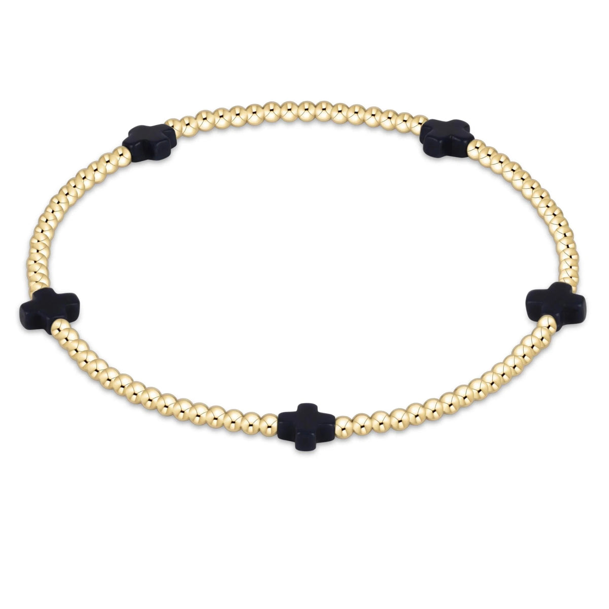 Signature Cross Small 2mm gold-filled beaded stretch bracelet with five black cross accents.