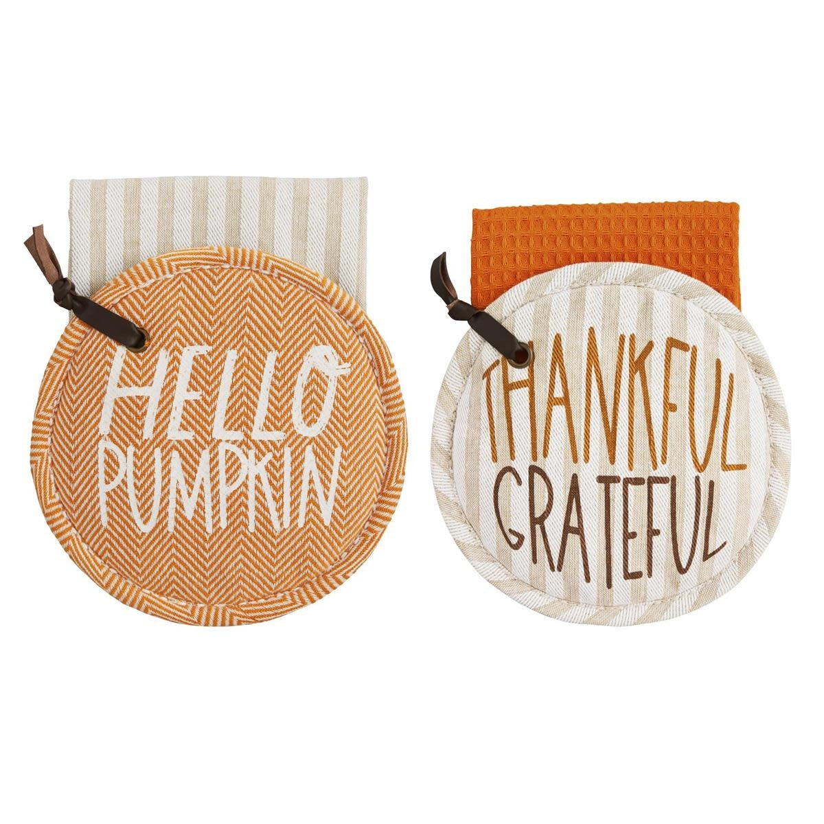 Cotton pot holder with waffle weave texture paired with a chambray towel.