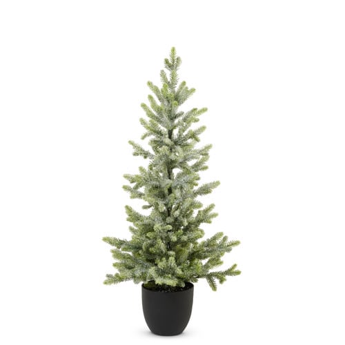 Green plastic potted fir tree with frosted finish on sand-colored base